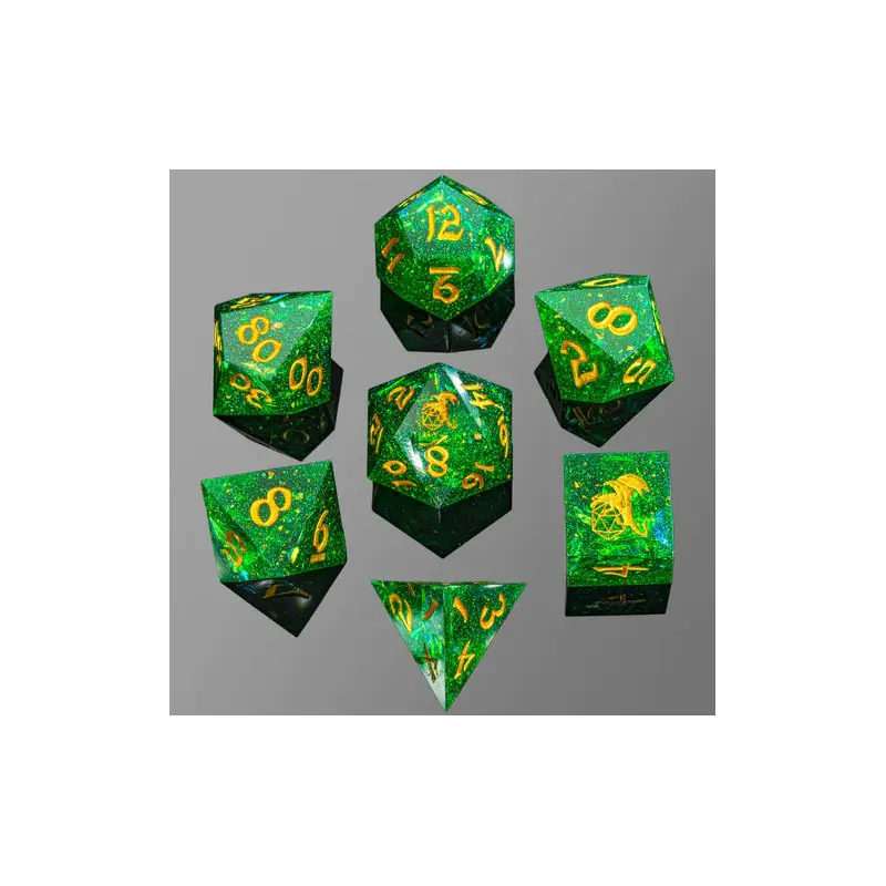 Captured Magic Hand Sanded Sharp Edge Resin-Emerald Green 7pc Resin Dice