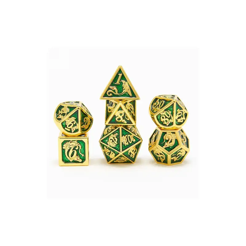 Gold emerald metal dragon dice set for D&D Pathfinder MTG