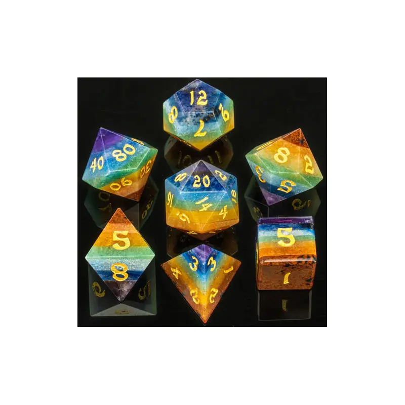 Natural rainbow layered gemstone dice set 7 pieces RPG