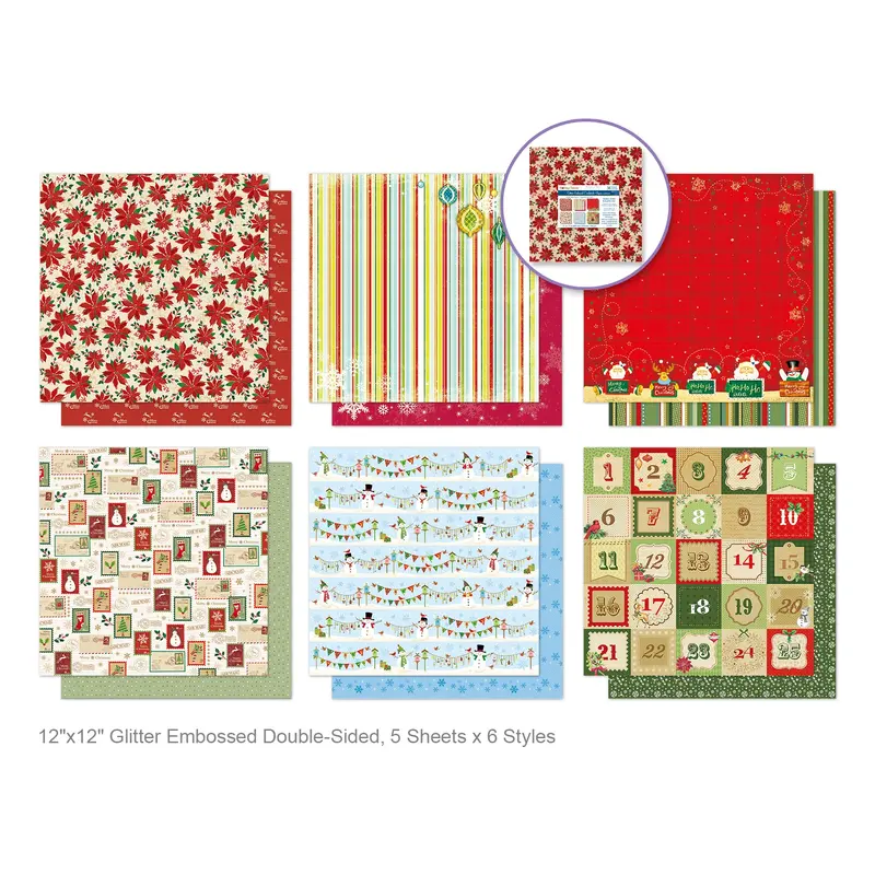 Holiday Cardstock: 12"x12" Glitter Embossed Dble-Sided Merry Christmas