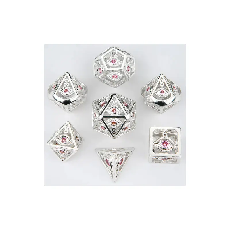 Shiny Silver with Pink Gems Dragon's Eye Hollow Metal Dice set