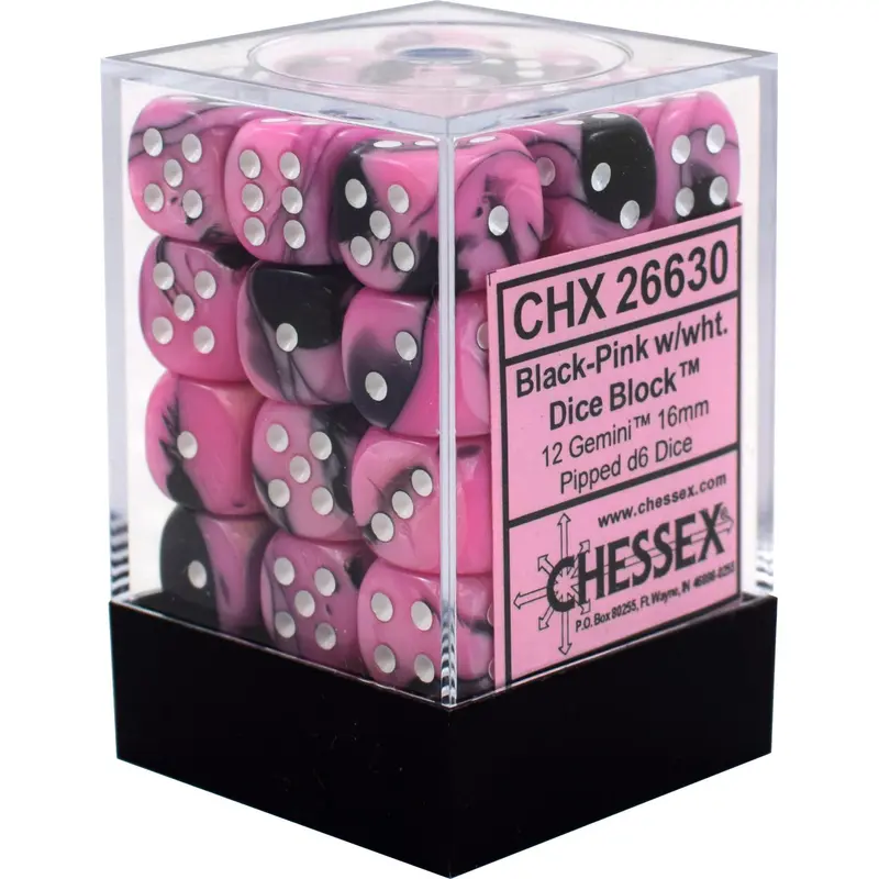 Gemini Black-Pink/white (12mm D6 Dice Set)