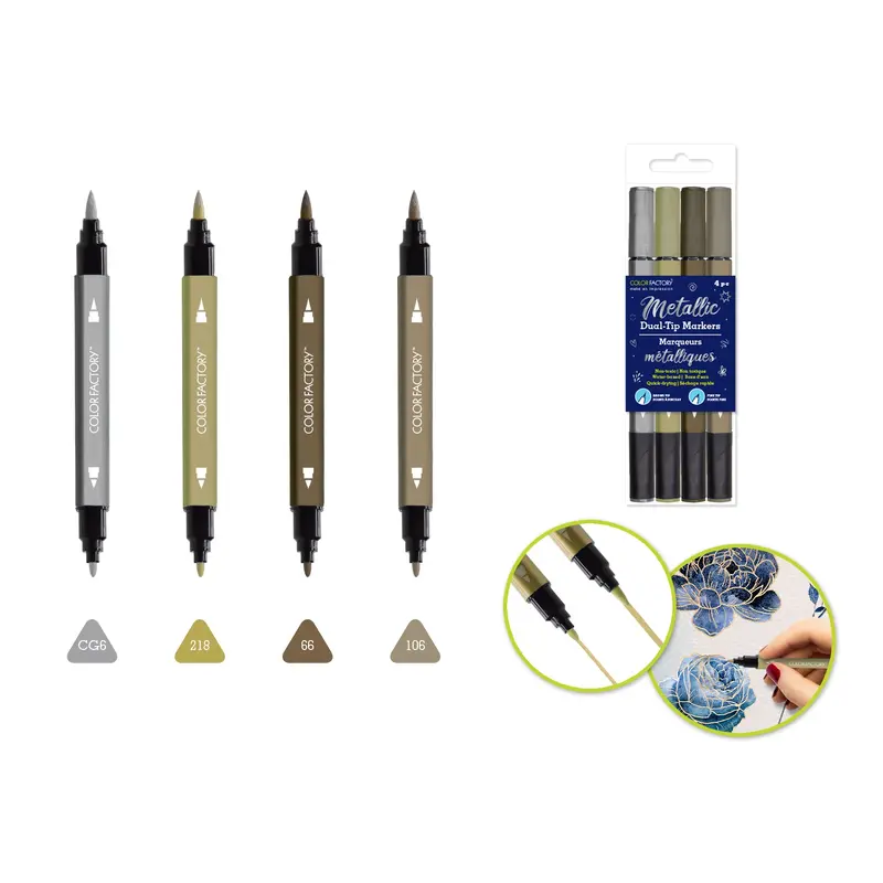 Color Factory: Metallic Dual-Tip Markers Fine+Brush 4pk Water Based B) Metallique