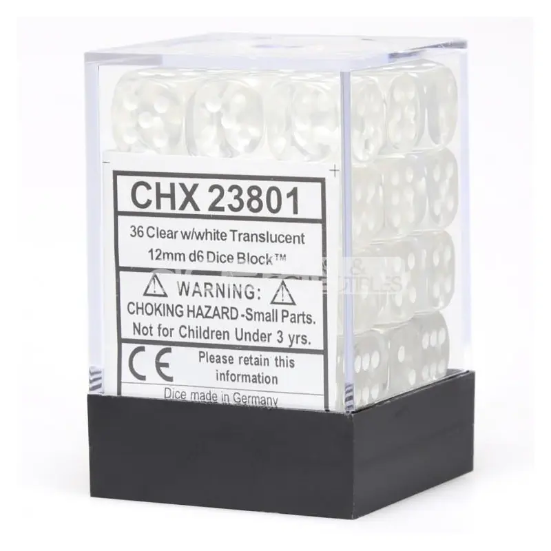 CHX 23801 Translucent 12mm D6 Dice Block Clear/White