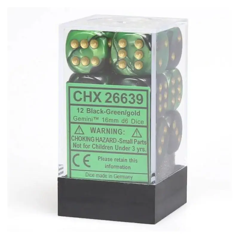 CHX 26639 Gemini 16mm D6 Dice Block Black-Green/Gold