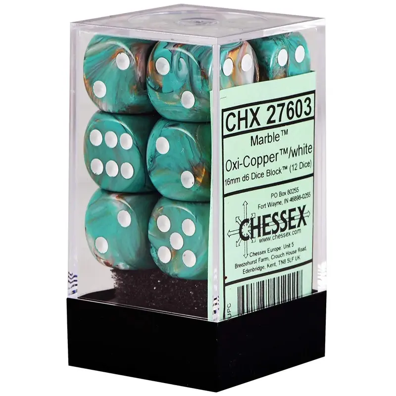 CHX 27603 Marble 16mm D6 Dice Block Oxi-Copper/White