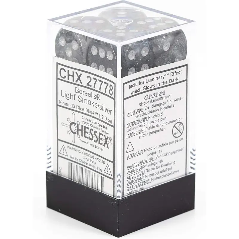 CHX 27778 Borealis 16mm D6 Dice Block Light Smoke/Silver (Luminary Effect)