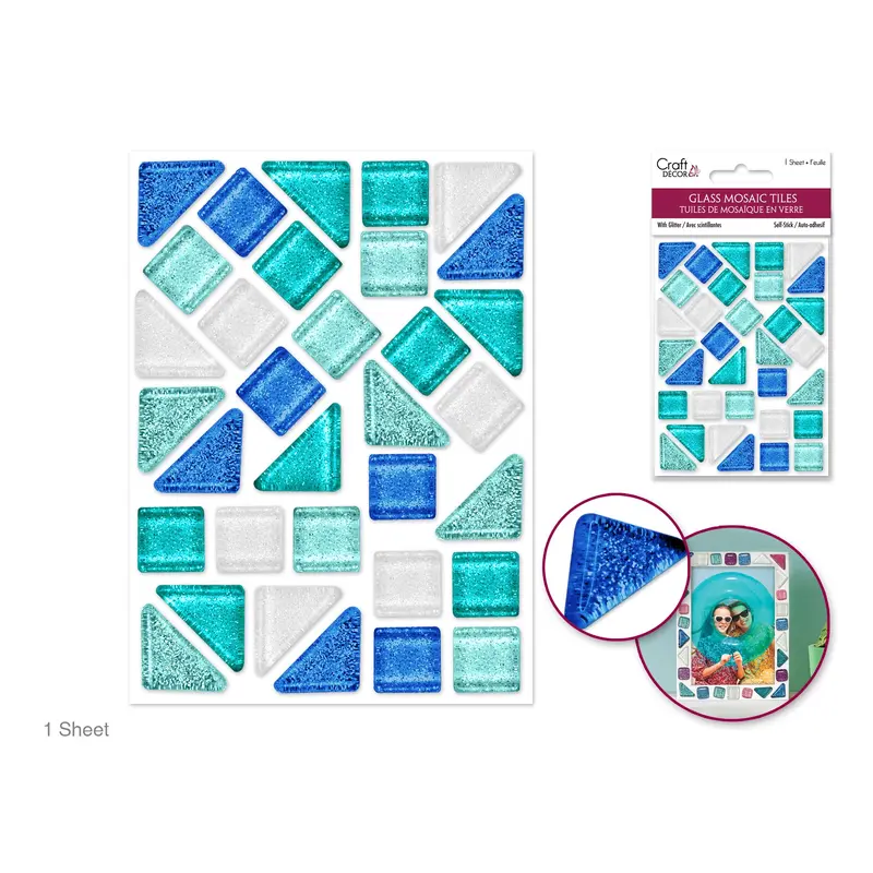 Craft Decor: Glitter Glass Mosaic Tiles 3.2x4.7" Self-Stick Blues