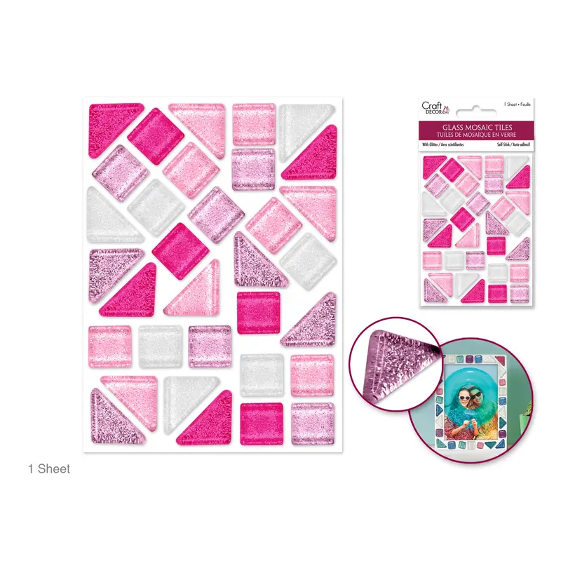Craft Decor: Glitter Glass Mosaic Tiles 3.2x4.7" Self-Stick Pinks