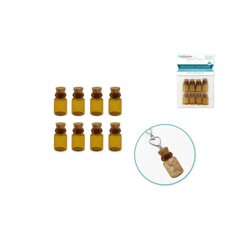 Glass Vials: 1.1cmx1.8cm Tinted Mini w/Cork Lid x8