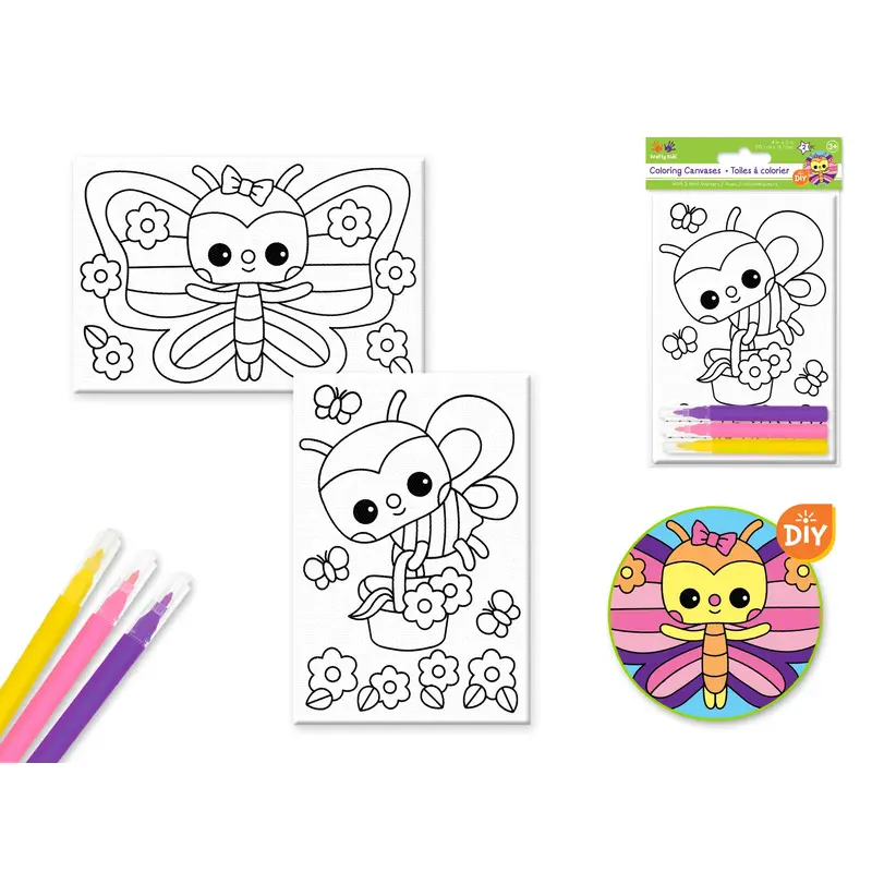Krafty Kids Kit: 4"x6" DIY Canvas Coloring 2pc Asst w/3 mini markers - Flying Friends