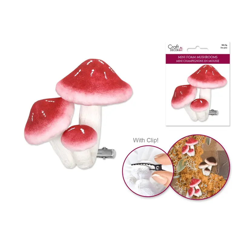Craft Decor: Foam Mushrooms w/Clip 3pc Asst Size Red