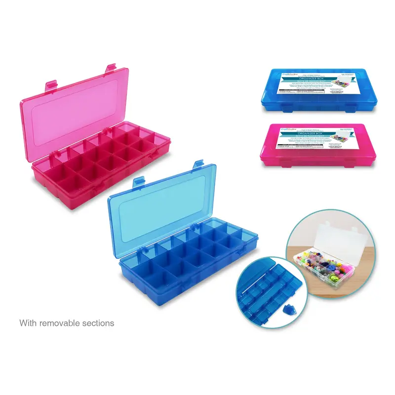 Craft Storage: 9.1"x4.4"x1.3" Organizer Box 18-Comp w/Lid  Blue + Pink