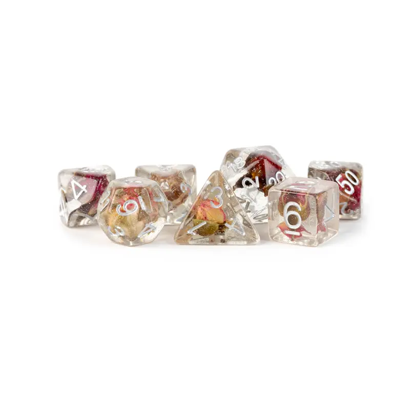 RESIN 7 DICE SET ROSE INCLUSION 16MM