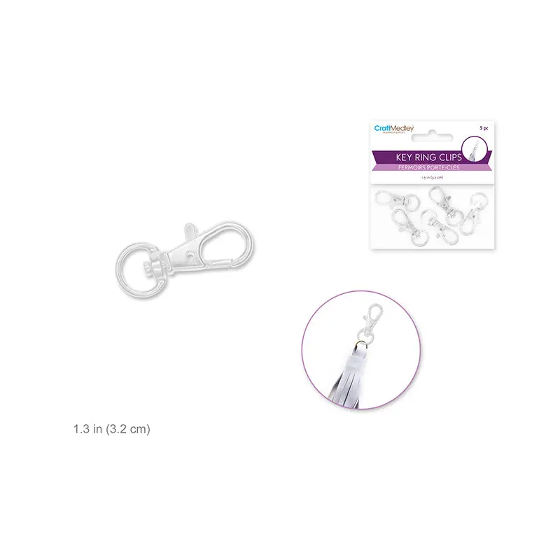 Jewelry Findings: 1.25" Key Ring Clip x5 w/Swivel Ring  Silver