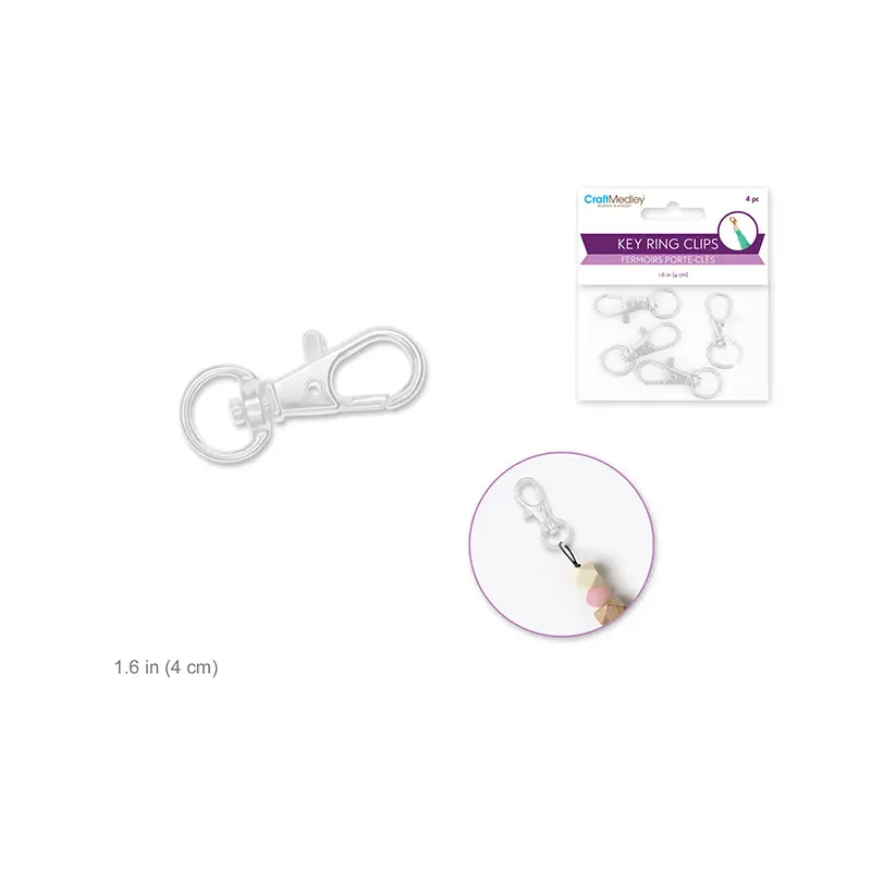 Jewelry Findings: 1.63" Key Ring Clip x4 w/Swivel Ring Silver