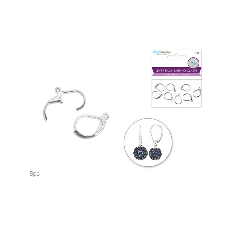 Jewelry Findings: 15mmx11mm Lever Back Earring Clasp x8 w/Loop  Silver