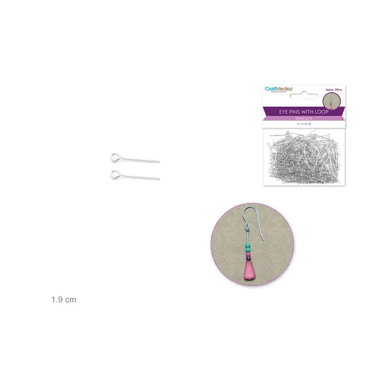 Jewelry Findings: 3/4" Eye Pins w/Loop x200 Drops Silver