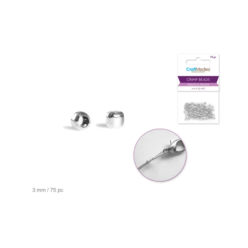 Jewelry Findings: 3mm Crimp Beads x75 Brass Metal  Silver Plating