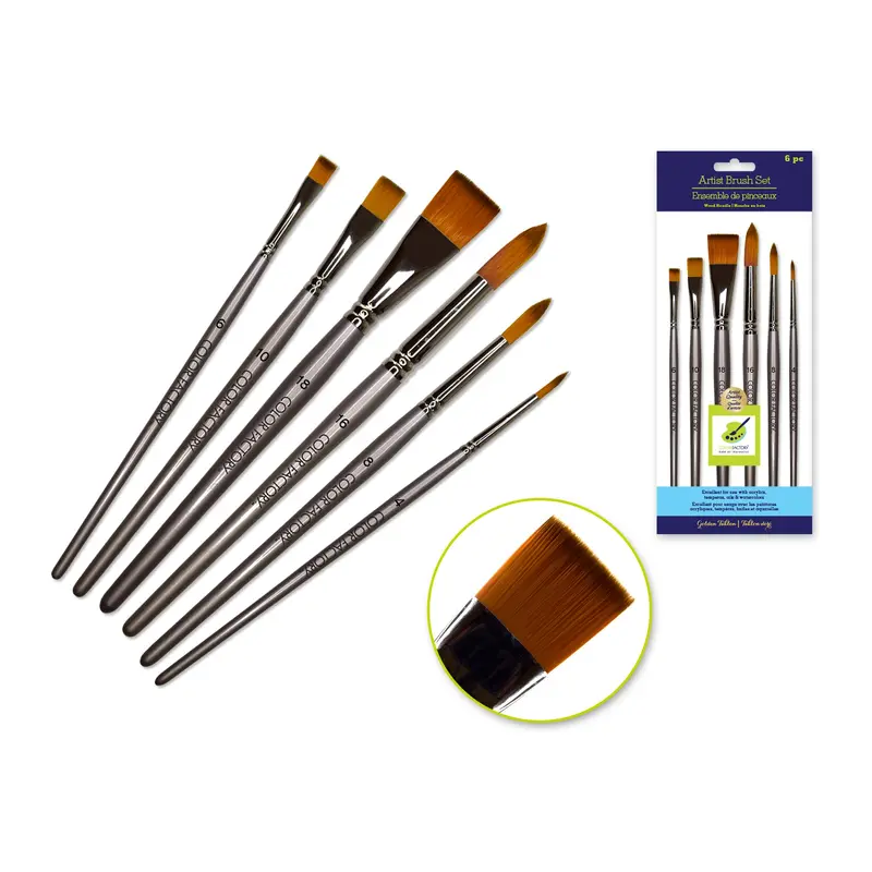 Artist Brush Set: Silver Set x6 Wood Handle/Nylon Hair Impact