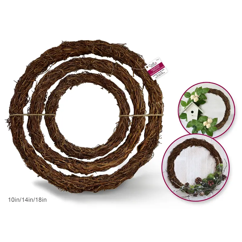 Craft Decor Dried Naturals: 10"/14"18" Grapevine Wreath Set/3