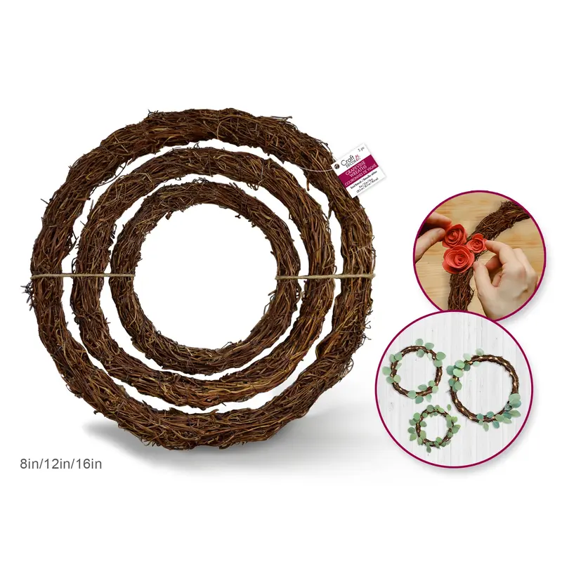 Craft Decor Dried Naturals: 8"/12"16" Grapevine Wreath Set/3