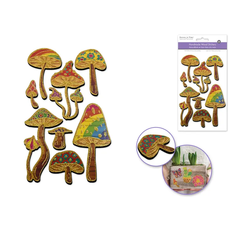 Handmade Sticker: 4.5"x7.3" 3D Laser-Cut Wood Glitter Icons  Mushroom