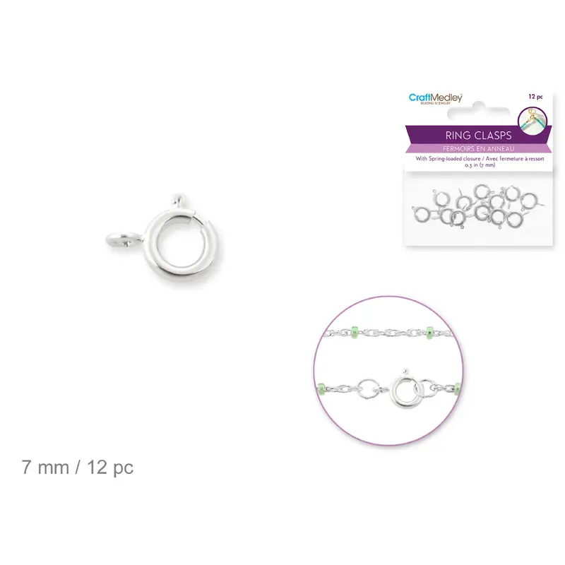 Jewelry Findings: 7mm Ring Clasp x12 w/Spring Silver