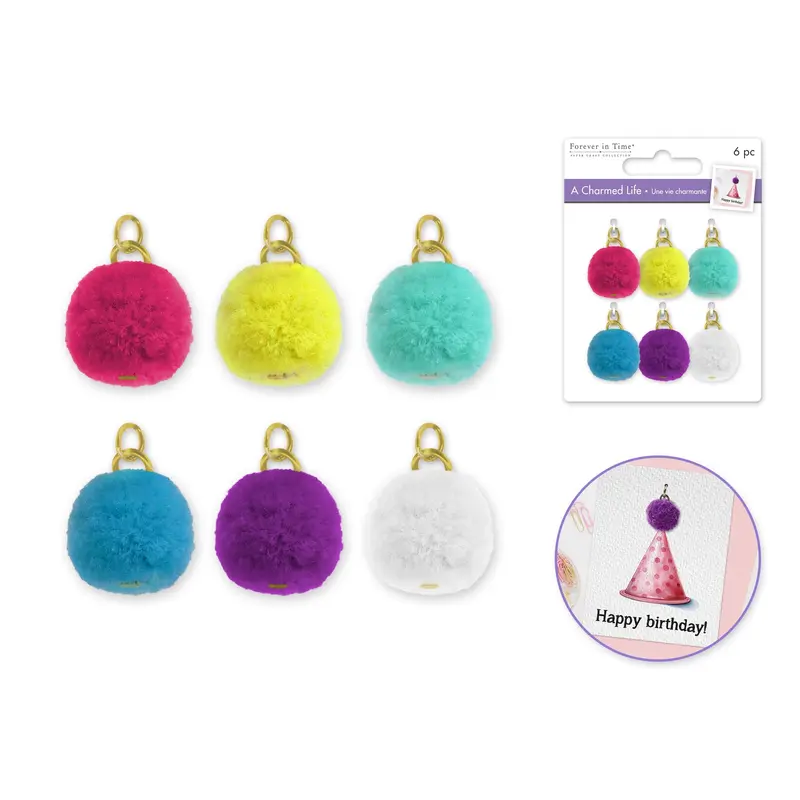 Paper Craft Emb: Charmed Life Asst Charms w/Hoop Finding  Glamour Poms