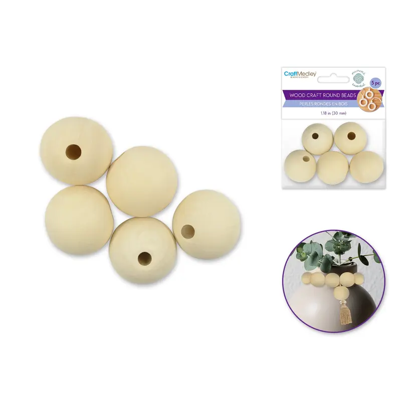 Wood Craft: Round Beads Natural H) 30mm 5pc