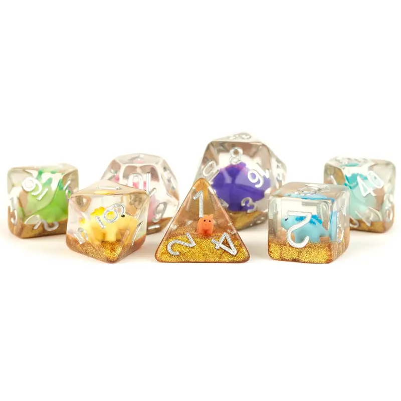 RESIN 7 DICE SET RAINBOW DINOSAUR INCLUSION 16MM