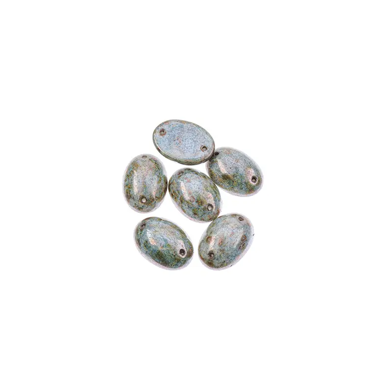 Czech Glass 2 Hole Cabochon 18x13mm Oval Opaque Marble Brown on Green 6pc