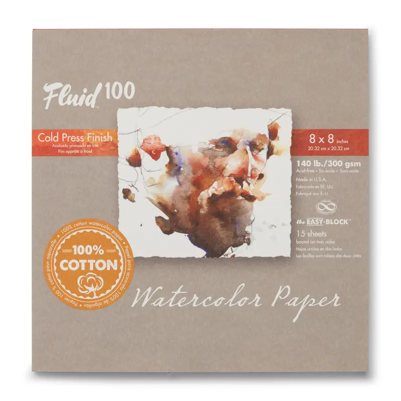 Fluid 100 140lb Watercolor Paper Block, Hot Press - 8" x 8"