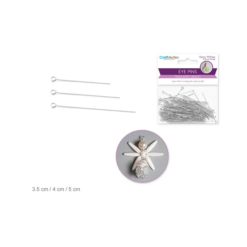 Jewelry Findings: 3.5cm/4cm/5cm Eye Pins w/Loop x90 Drops - Silver