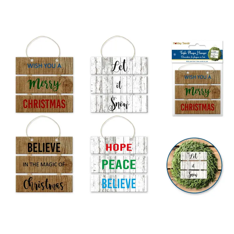 Holiday Emb: 3"x6.4" Triple Plaque Hanger Sign Board - Holiday Sentiments