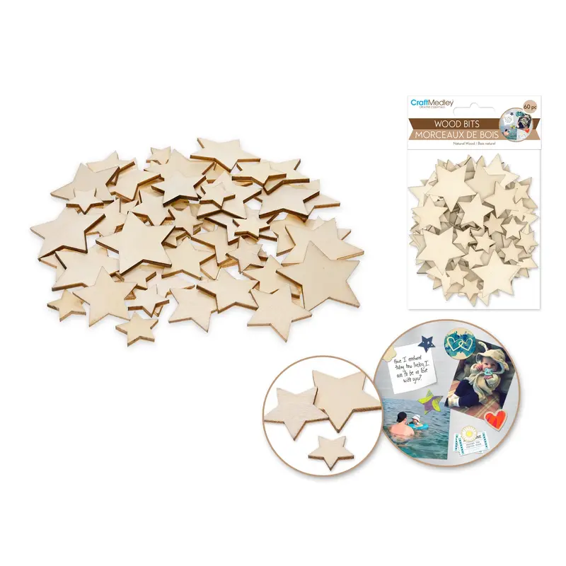 Wood Stars - 3 Sizes - 3/4", 1 1/8" & 1 1/2" - 60pc
