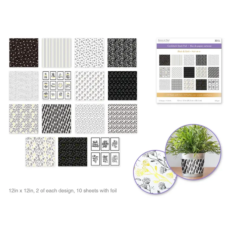 Cardstock: 12"x12" Foil Themed Stack Pad x30 (15 Designs) 230GSM  Black & Gold