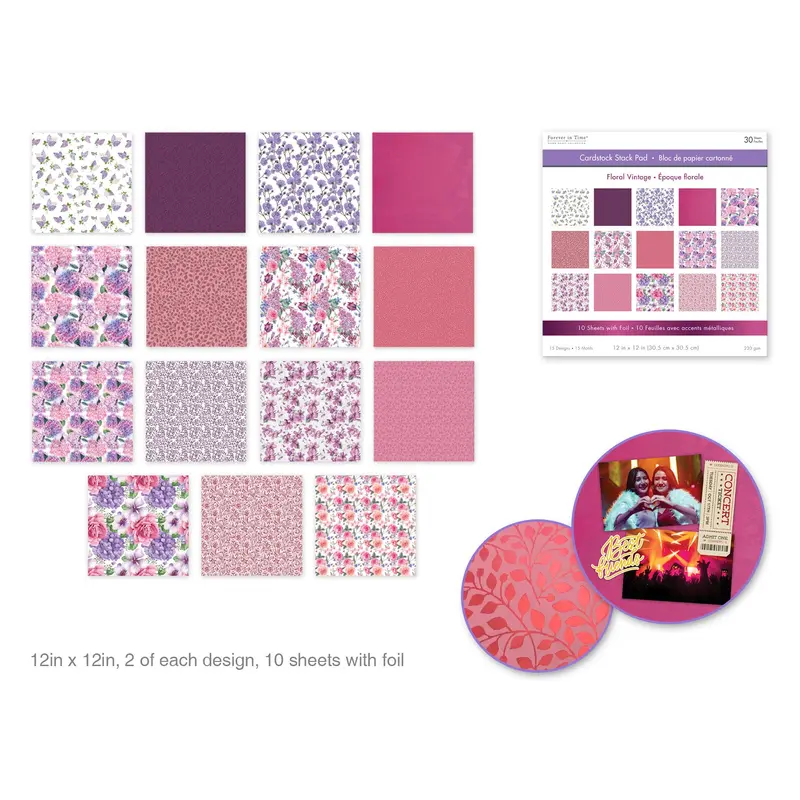 Cardstock: 12"x12" Foil Themed Stack Pad x30 (15 Designs) 230GSM  Floral Vintage
