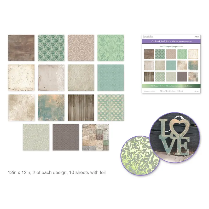 Cardstock: 12"x12" Foil Themed Stack Pad x30 (15 Designs) 230GSM  Soft Vintage