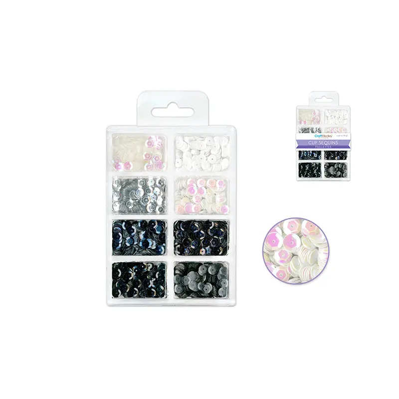 Craft Medley: 6mm Cup Sequins 25g Plastic Case 8-comp - Black & White