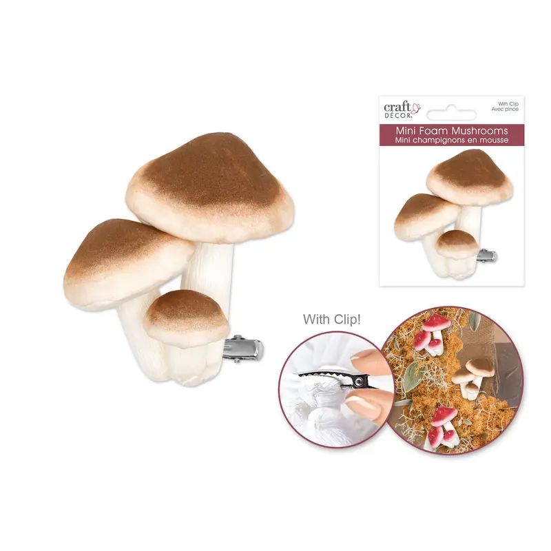 Craft Decor: Foam Mushrooms w/Clip 3pc Asst Size Brown