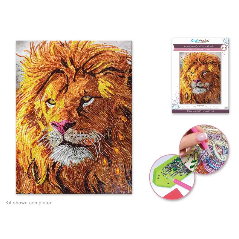 Craft Medley Kit: Diamond Painting Art Kit 12"x16" w/Gems+Tool+Tray Lion