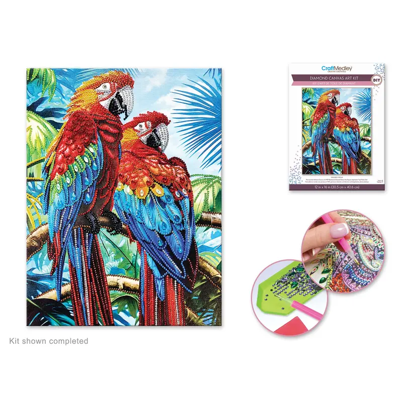 Craft Medley Kit: Diamond Painting Art Kit 12"x16" w/Gems+Tool+Tray Parrots
