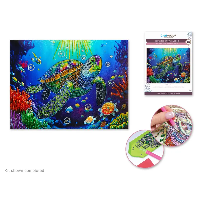 Craft Medley Kit: Diamond Painting Art Kit 12"x16" w/Gems+Tool+Tray Turtle