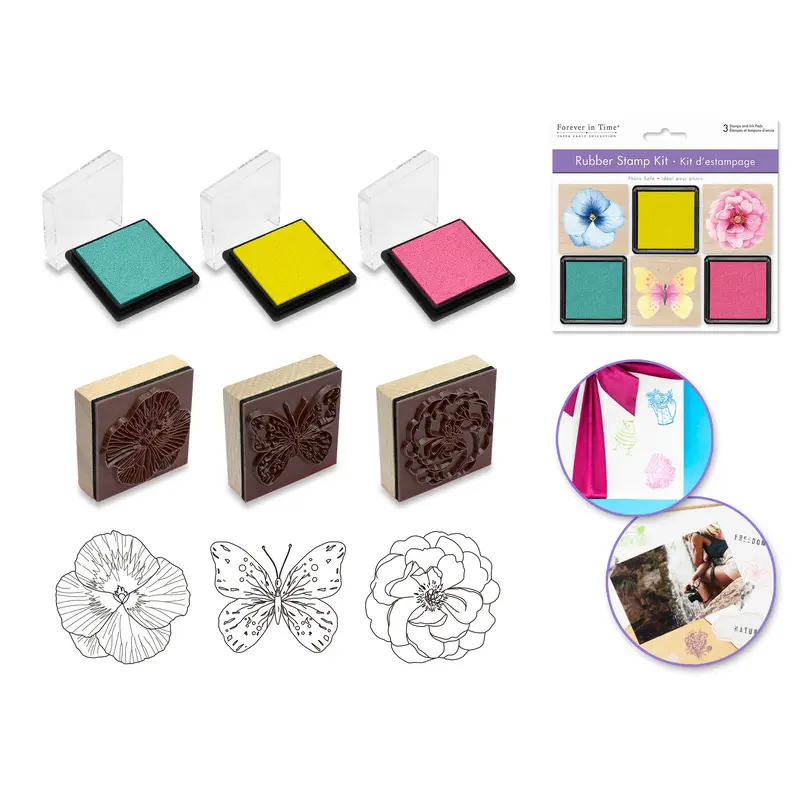 Wooden Rubber Stamp Kit: 3 Wood Stamps + 3 Ink Pads