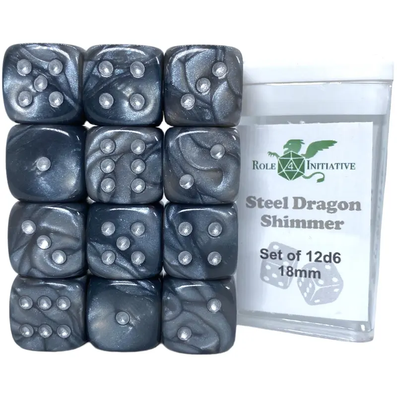SET OF 12D6 PIPS DICE: STEEL DRAGON SHIMMER 18MM