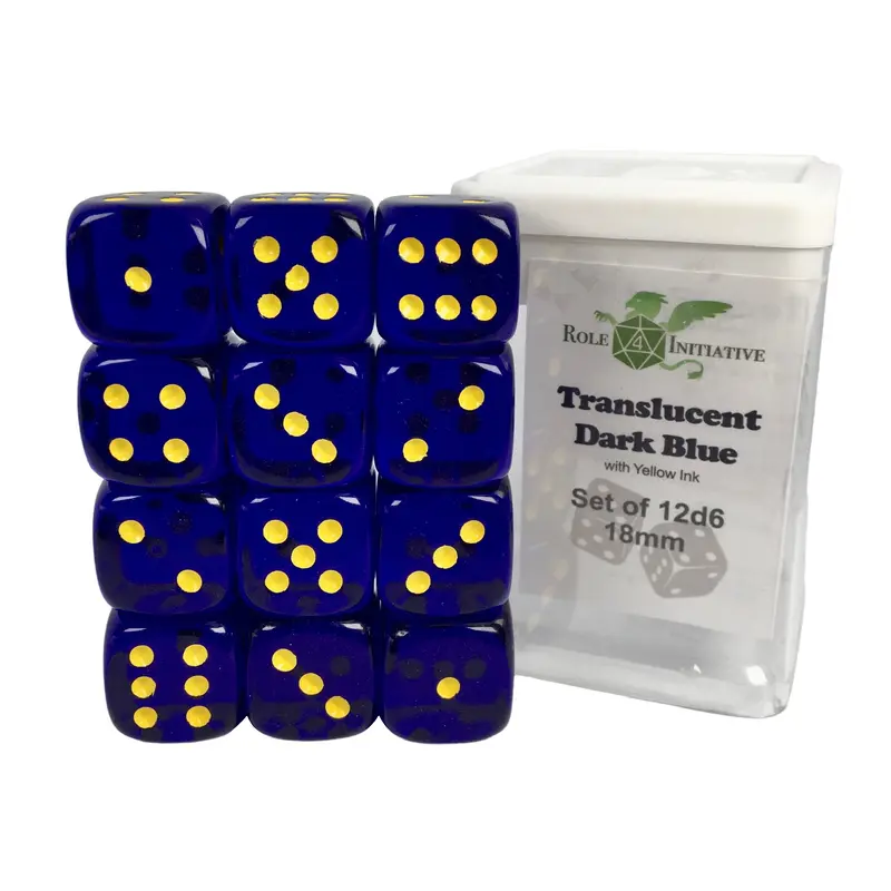SET OF 12D6 PIPS DICE: TRANSLUCENT BLUE/YELLOW18MM
