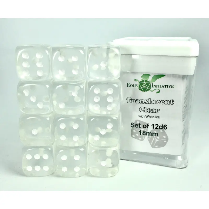 SET OF 12D6 PIPS DICE: TRANSLUCENT CLEAR 18MM