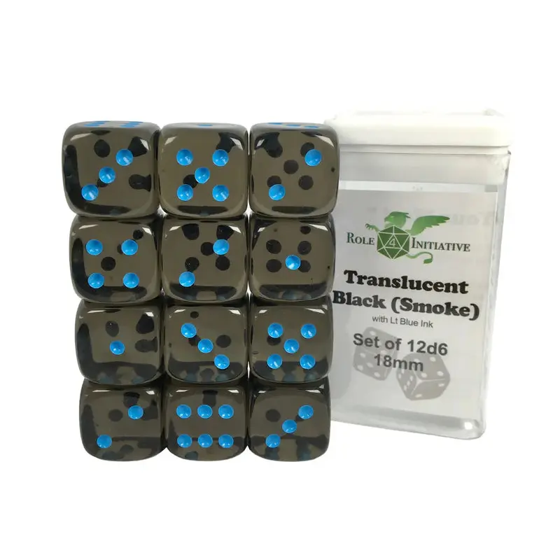 SET OF 12D6 PIPS DICE: TRANSLUCENT BLACK/LT. BLUE 18MM