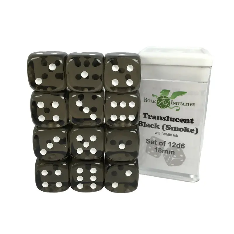 SET OF 12D6 PIPS DICE: TRANSLUCENT BLACK/WHITE 18MM (Copy)